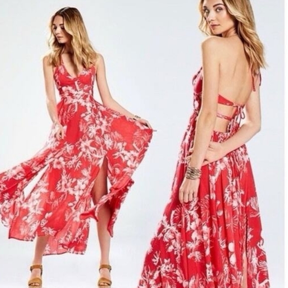Free People Lille Tropical Printed Cutouts Rasberry Tie Maxi Dress Small $128 XS - Picture 1 of 14
